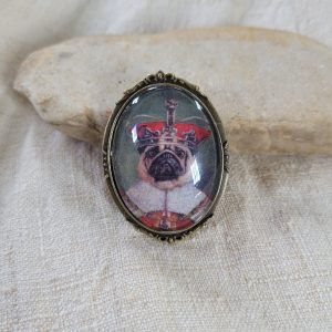 Fawn Pug Brooch, Lapel Pin, "Pug Coronation"